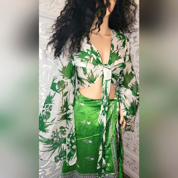 Exotic Silk Boho Green Multicolor Reversible Wrap Maxi Skirt - Picture 2 of 16